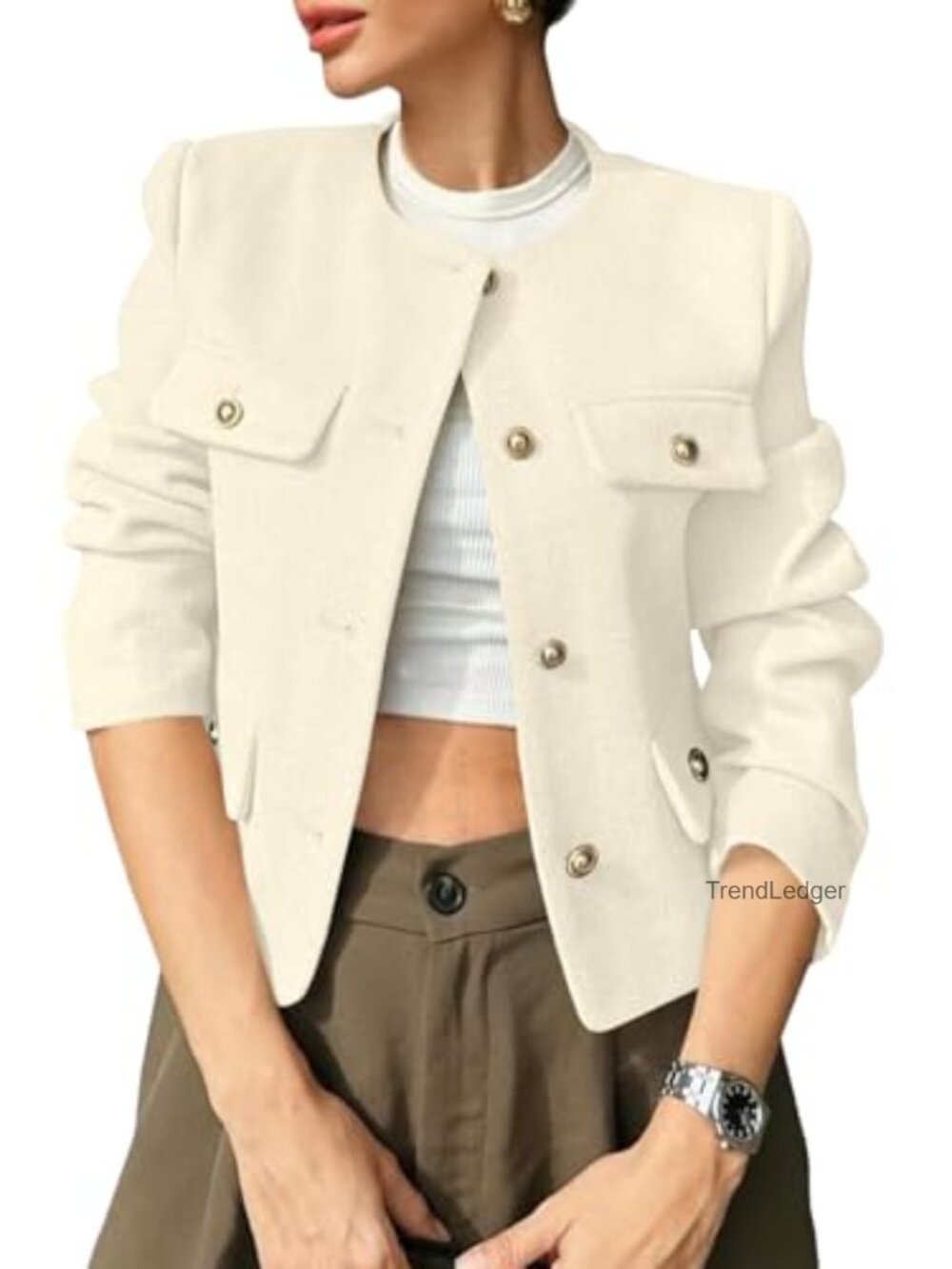 Cropped Tweed Blazer Button Down Collarless Business Casual
